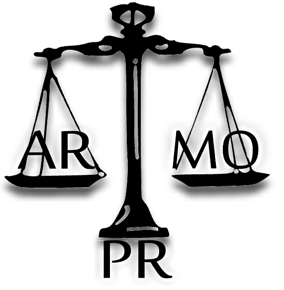 decorative logo of scales of justice and the initials ARMO and PR